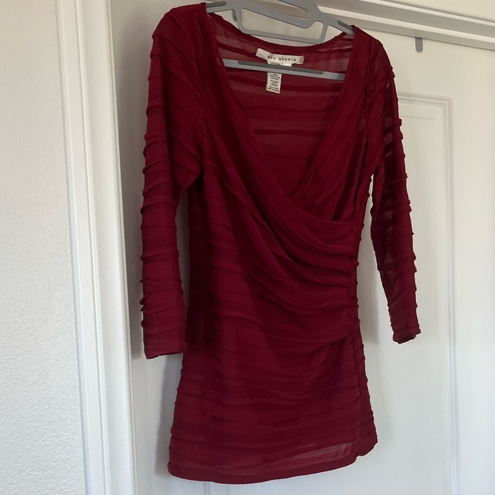 Elegant Sheer Red Draped Mini Dress